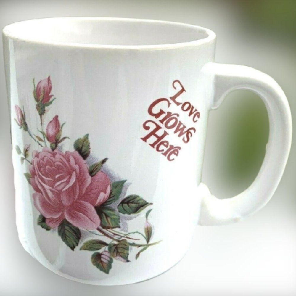 Love Grows Here Coffee Mug Pink Roses 10 oz Enesco Taiwan White Vintage 1980s
